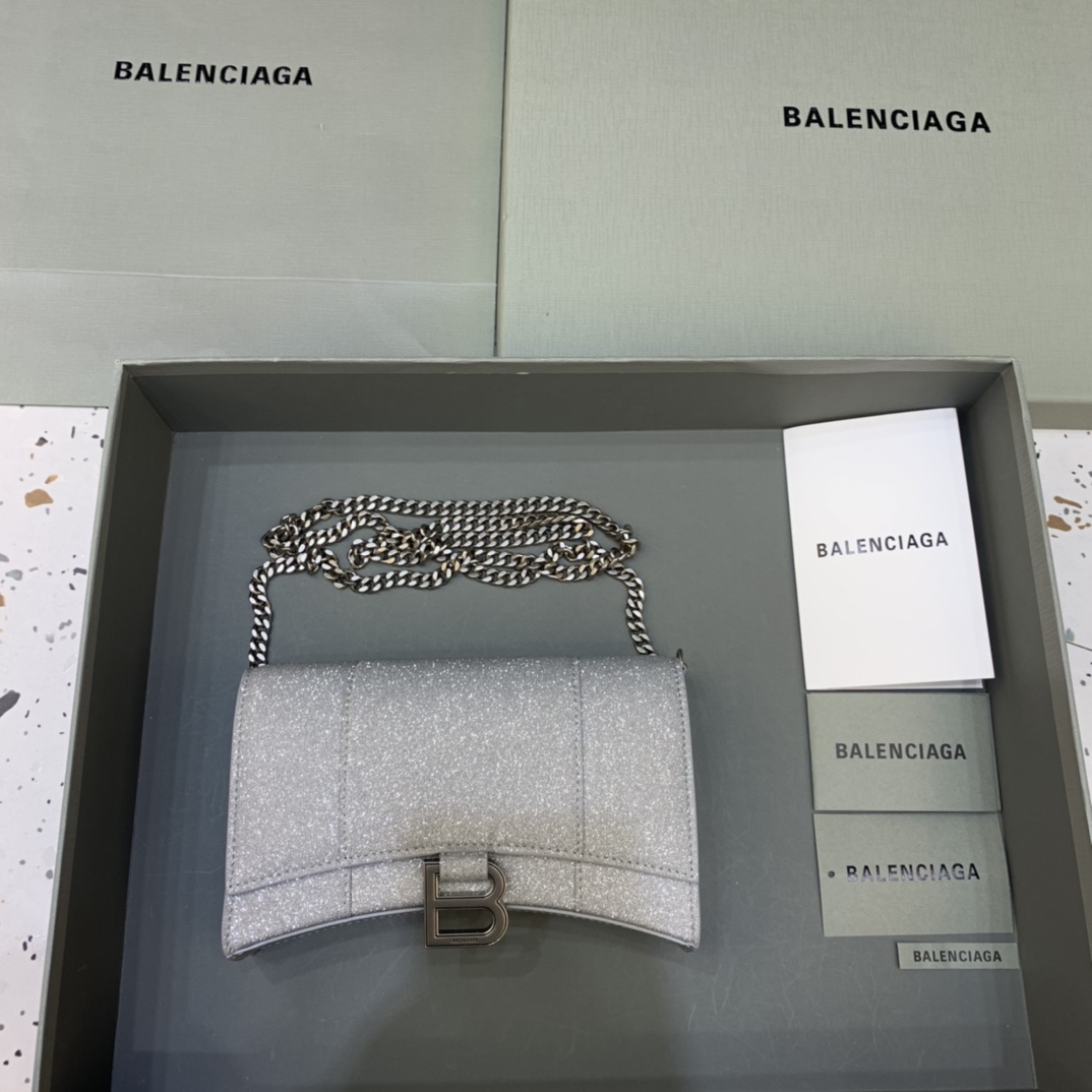 Balenciaga Small Hourglass Wallet With Chain Shoulder Bag Silver Gray